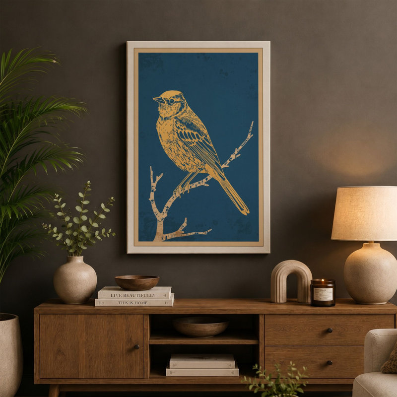 Songbird on Branch Japandi - Wrapped Canvas, 24x16 - 61.0 x 40.6 cm, Taupe Border