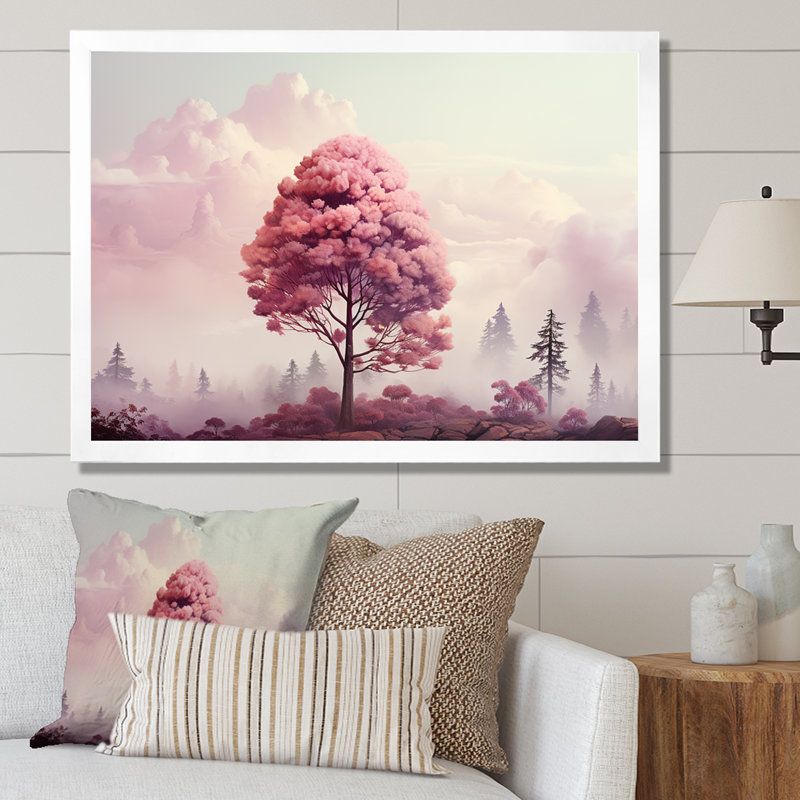 «Mystic Pink Trees In Amethyst Landscape V», reproduction sur toile, Cadre flottant blanc, H 16 po x l 32 po