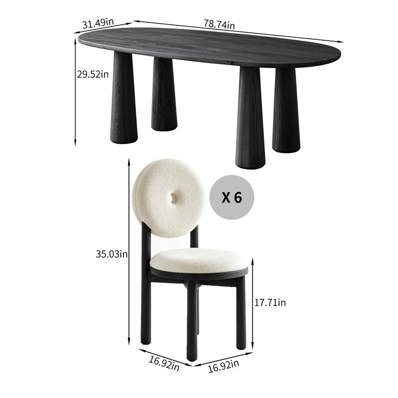 Ensemble de table de salle à manger moderne simple ovale en bois massif, 29.52" H x 78.74" W x 31.49" D, Black, 7, Black