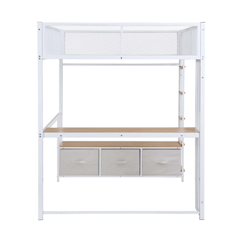 Lit mezzanine en métal pleine grandeur avec DEL, bureau, garde-robe ouverte et 3 tiroirs de rangement en lin, Blanc