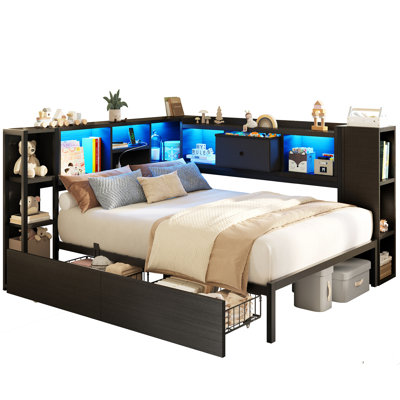 Corner Bed Frame With Storage Drawers & Bookcase, Daybed With Charging Station & Led Lights