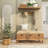 Wood Intricately Carved Floral Room Brown Storage Bench with Cream Burlap Top