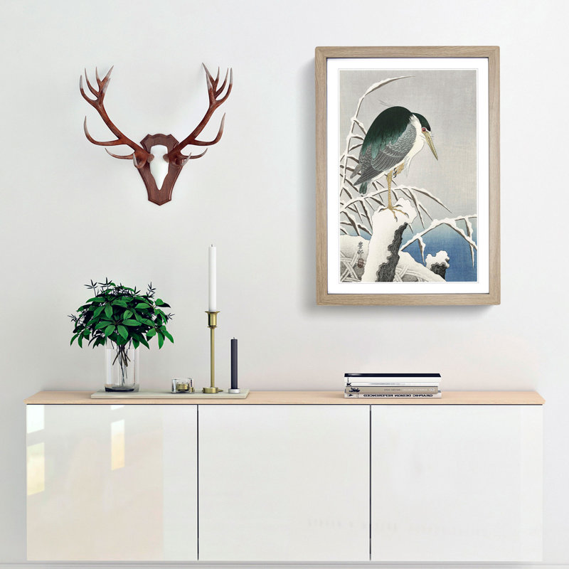 A Heron in The Snow by Ohara Koson - Framed Print, 63cm H x 45cm W x 2cm D, Oak  Bordered Framed Paper