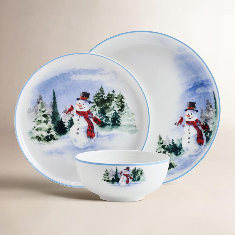 Service de vaisselle léger en porcelaine os 12 pièces Snowman Forest, service pour 4