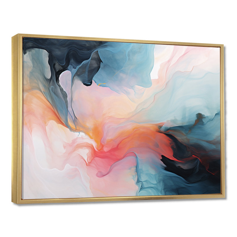 «Playful Deep Pink Sky Dance I», reproduction d'art abstrait à encre liquide, Cadre flottant doré