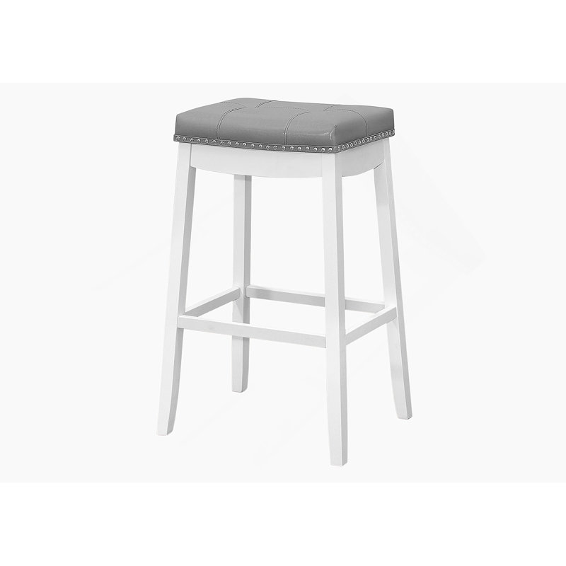 Tabouret de bar, ensemble de 2, hauteur de bar, siège de selle, bois blanc, aspect cuir gris, transitionnel