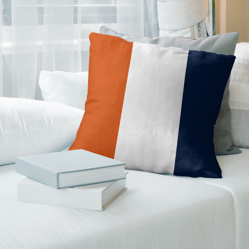 Leather/Suede Reversible Throw Pillow, 14" x 14", Orange/White/Navy