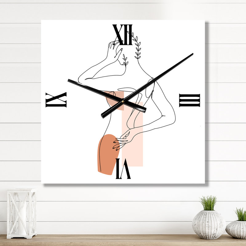 Horloge murale à une ligne avec portrait de femme avec feuilles et formes II, Petit