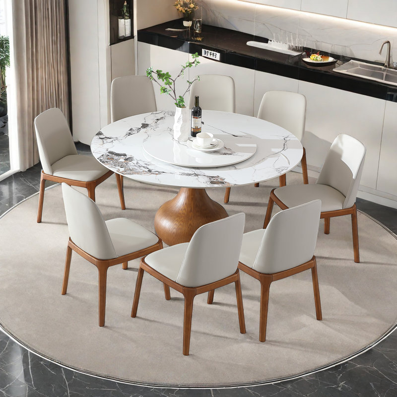 Table de salle à manger moderne en marbre, table ronde en pierre frittée de 59 po pour la salle à manger, cuisine, coin-repas, espace compact avec plateau tournant (8 chaises)
