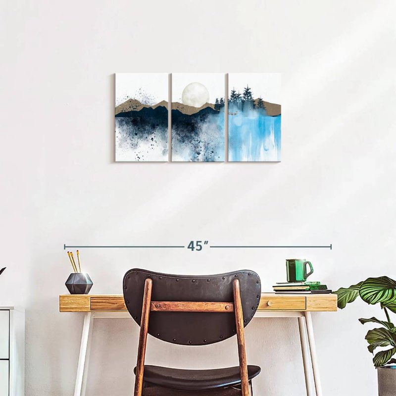 «Abstract Landscape Pine Trees Mountain», ensemble de 3 pièces sur toile par Cindy C, H 15 po x l 32 po x P 1,25 po