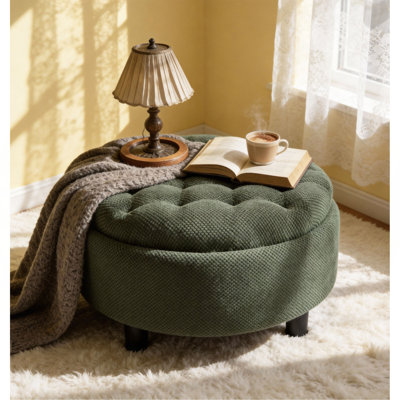 Repose-pieds rond avec rangement de 25 pouces avec plateau, table basse ronde en tissu capitonné avec rangement, repose-pieds rembourré avec plateau amovible pour le salon, la chambre à coucher