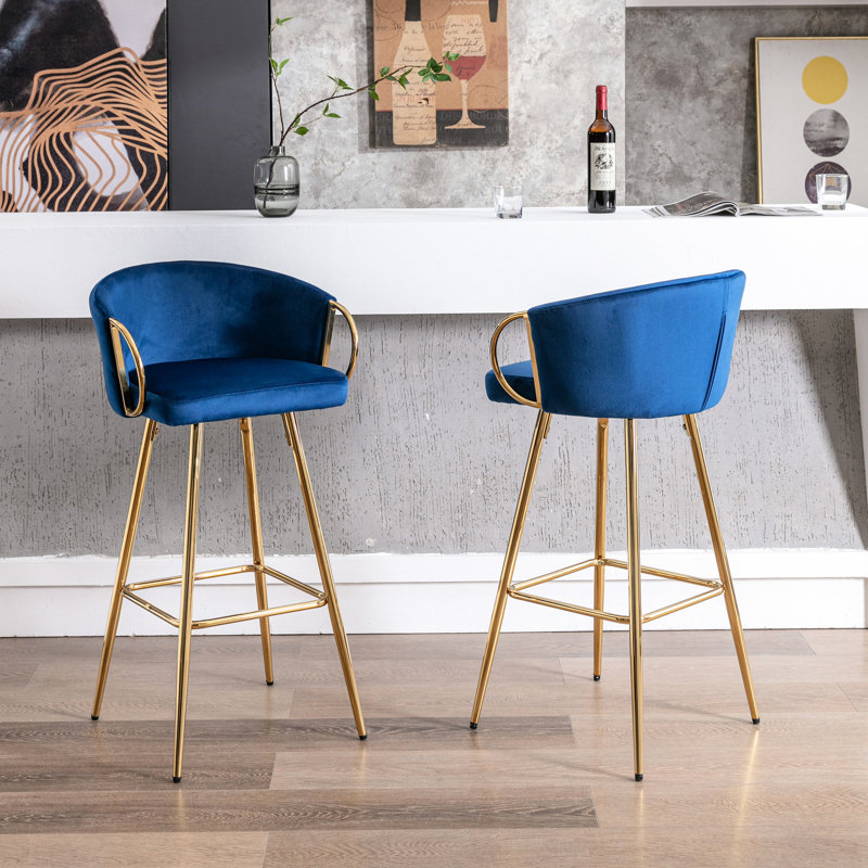 2 Stools, Footrest, Velvet + Golden Leg, Modern Seating Touch 2, Leg With Cozy, Blue, Counter Stool (26” Seat Height)