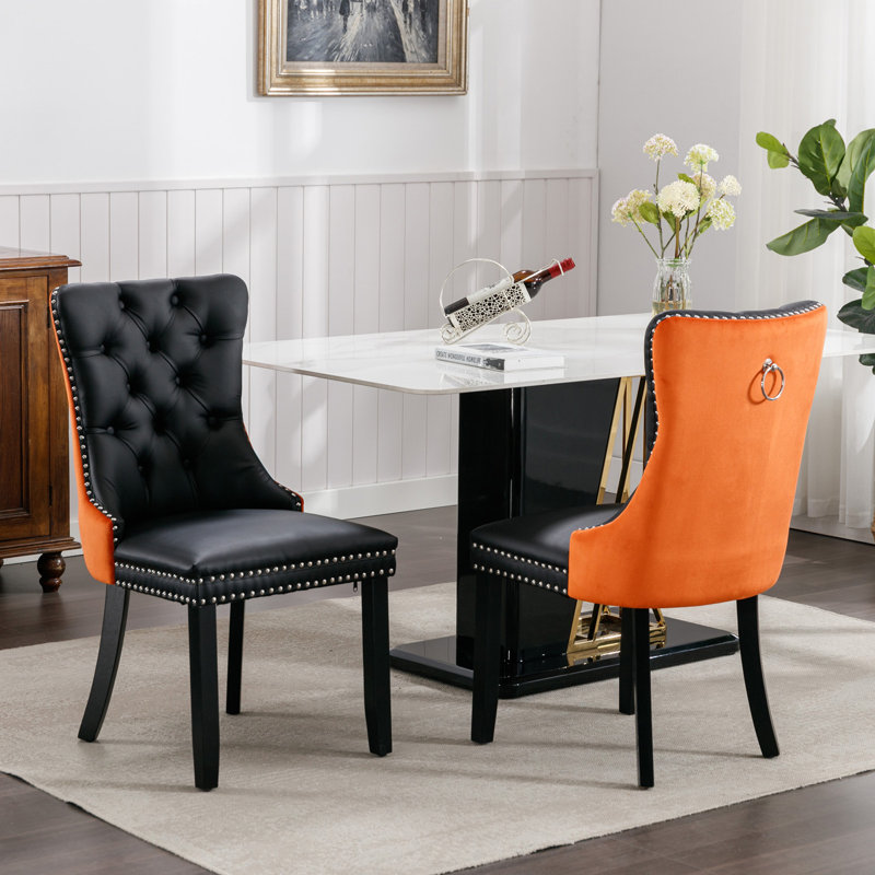 PU & Velvet Upholstered Dining Chairs with Wood Legs, Black/Orange, Black, 2