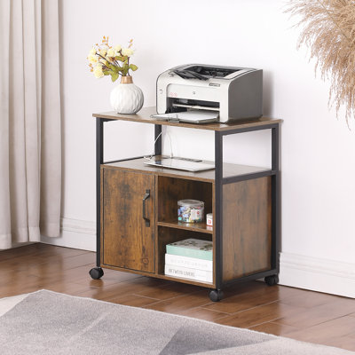 Support d'imprimante et classeur pour bureau à domicile avec prise de courant, espaces de rangement pour lettres A4, supports latéraux en métal, installation facile, classement rustique brun et noir pour prise encastrée, et taille