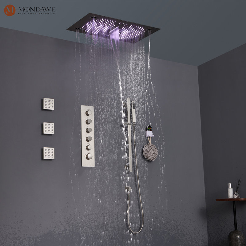 Brushed Nickel LED Ceiling Mounted Dual Shower System with Bluetooth Speaker