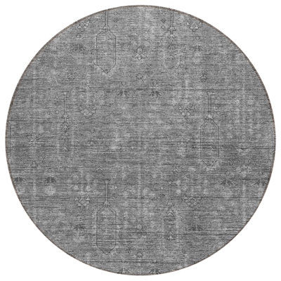 8' Gray And Charcoal Round Southwestern Washable Indoor Outdoor Area Rug