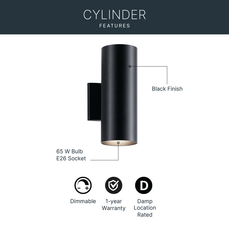 2-Light Black Damp Rated Wall Cylinder Light, Black