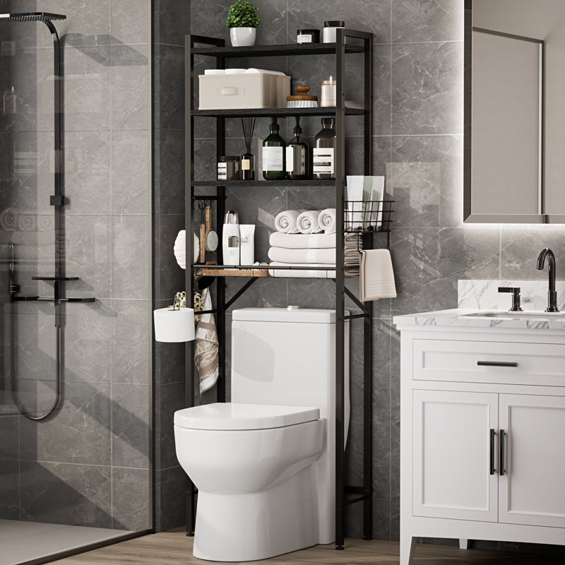 Rangement au-dessus de la toilette en bois autoportant avec tablette, Noir mat
