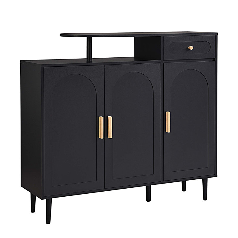 Range-chaussures avec portes arquées et tiroir, buffet de rangement avec tablettes réglables et pieds en bois massif, Noir