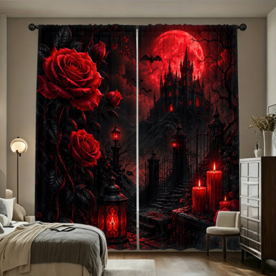 2Pcs Gothic Rose Castle-Moon Light Filtering Curtains, Dark Spooky Halloween Vibe, Romantic Gothic Graphic, Rod Pocket Easy-Hang Design, All-Season for Living Room, Bedroom, Study Room