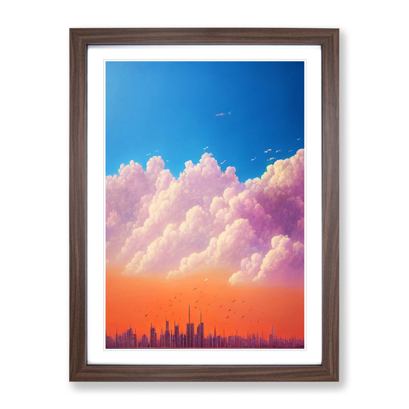 City Skyline Under Clouds - Print, 66cm H x 48cm W x 2cm D, Walnut Framed, White