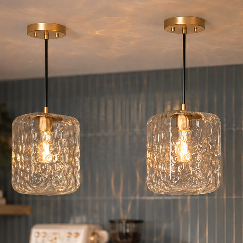 Mini-luminaire suspendu 1 lumière à intensité variable 6 "pour îlot de cuisine avec carré ondulé en verre texturé (ensemble de 2)