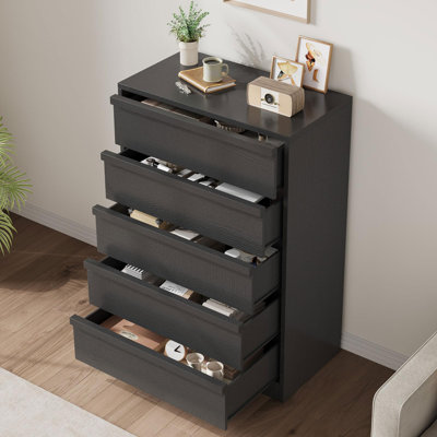 5 Drawer Dresser, 43" Tall Chest of Drawers, Modern Wood Storage Organizer, Nightstand & End Table for Bedroom, Living Room, Nursery, Black