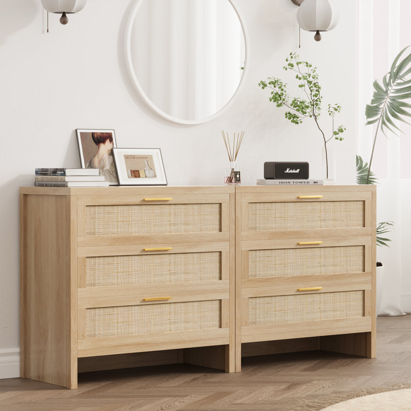 31.5" W  Rattan Drawers Dresser, Chest of 3 Drawers, Natural Wood Color, for Bedroom, Hallway, Living Room（Set of 2）
