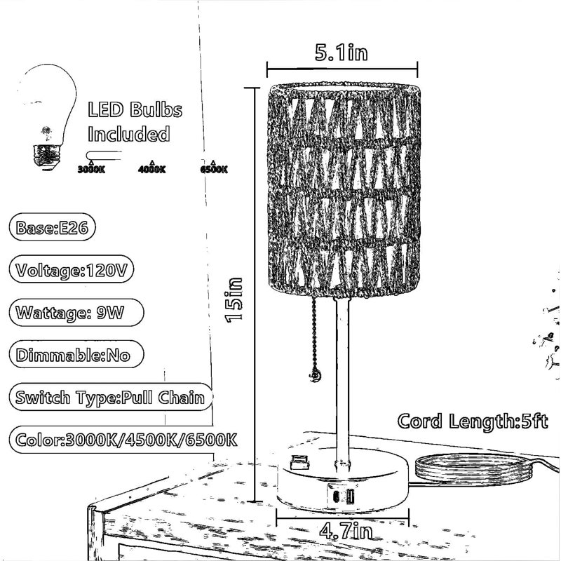 Ensemble de 2 lampes de table en rotin avec ports USB-C / USB-A / AC et 3 ampoules à DEL à intensité variable, lampe de table de chevet à chaînette pour chambre à coucher, salon ou bureau