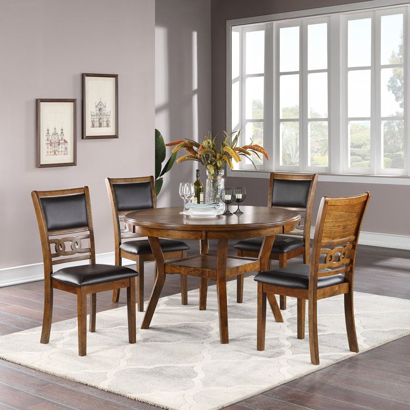 Ensemble de table ronde contemporaine 5 pièces avec 4 chaises d'appoint au fini noyer et bois d'hévéa