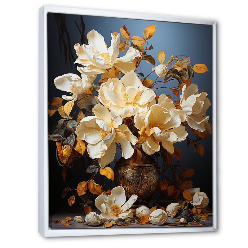 Majestic jaune doré Magnolias III - impression, Cadre flottant blanc, H 44 po x l 34 po x P 1,5 po