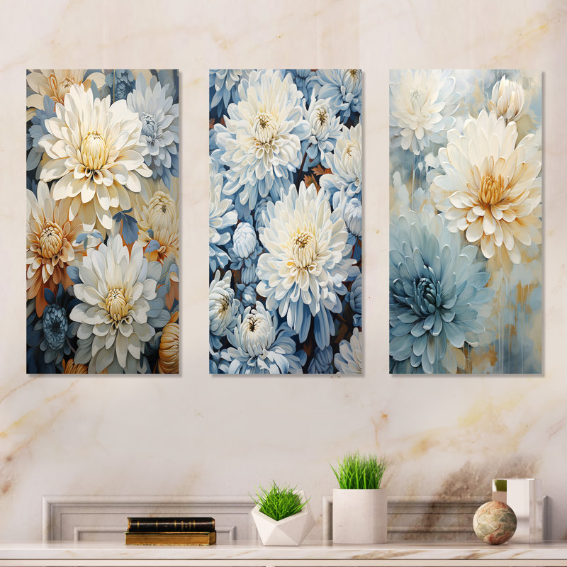 Blooming Mums, peinture en beige et bleu - ensemble de 3 impressions murales en métal «Mums», H 28 po x l 36 po