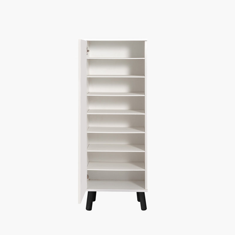 Élégante armoire à chaussures avec pieds et poignées en bois massif, conception abstraite, 19,7 x 53,1 x 15,0 pouces | Panneau de particules 100% enduit de mélamine avec revêtement UV | Plusieurs tablettes au fini noir et blanc moderne, idéales pou