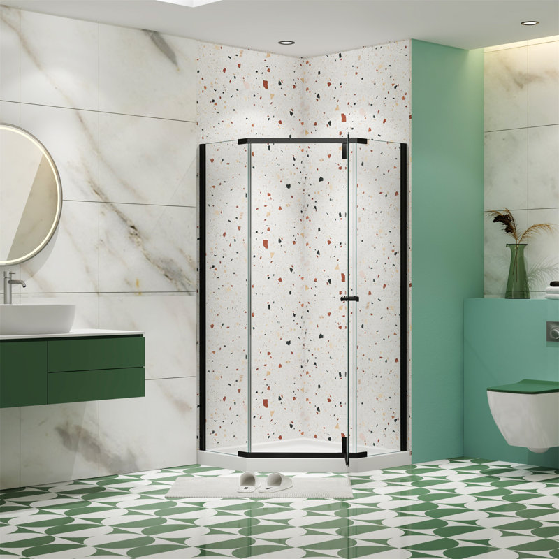 Pivot Shower Door, With 1/4" Tempered Glass , 34.75 In. X 72 In. Frameless Neo-Angle Pivot Shower Enclosure, Matte Black