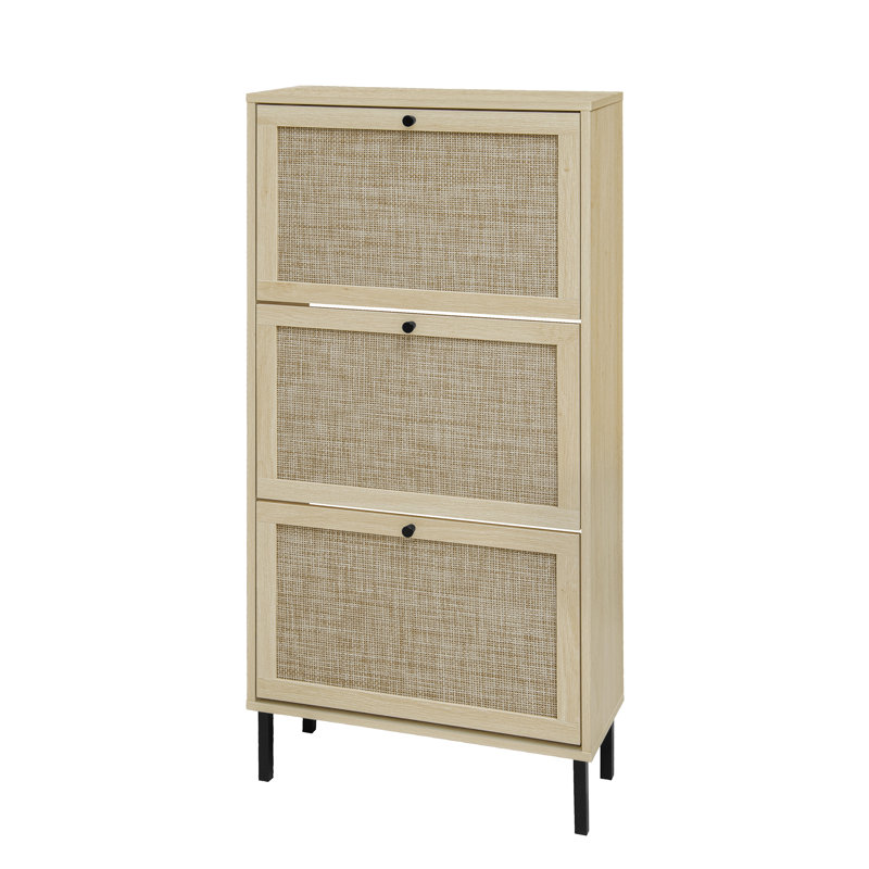 Rattan 3 Door Shoe Rack, Freestanding Modern Shoe Storage Cabinet, For Entryway, Natural