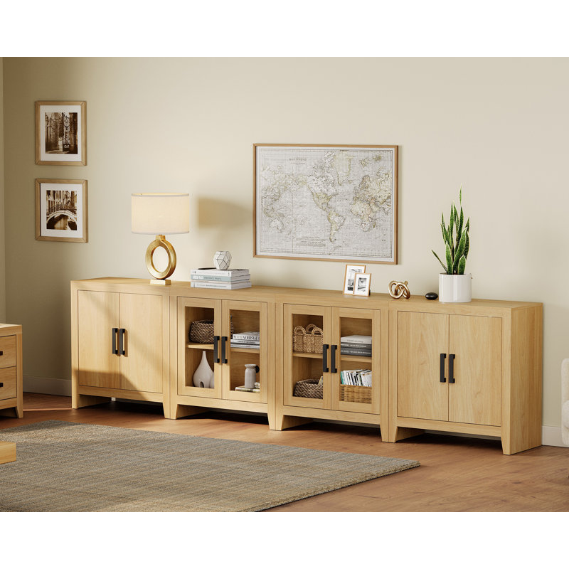 126" Extra Large Sideboard Buffet Cabinet, Farmhouse Kitchen Storage Cabinet With Glass Doors And Adjustable Shelves, Modern Wood Coffee Bar Table For Dining Room, Living Room,Oak