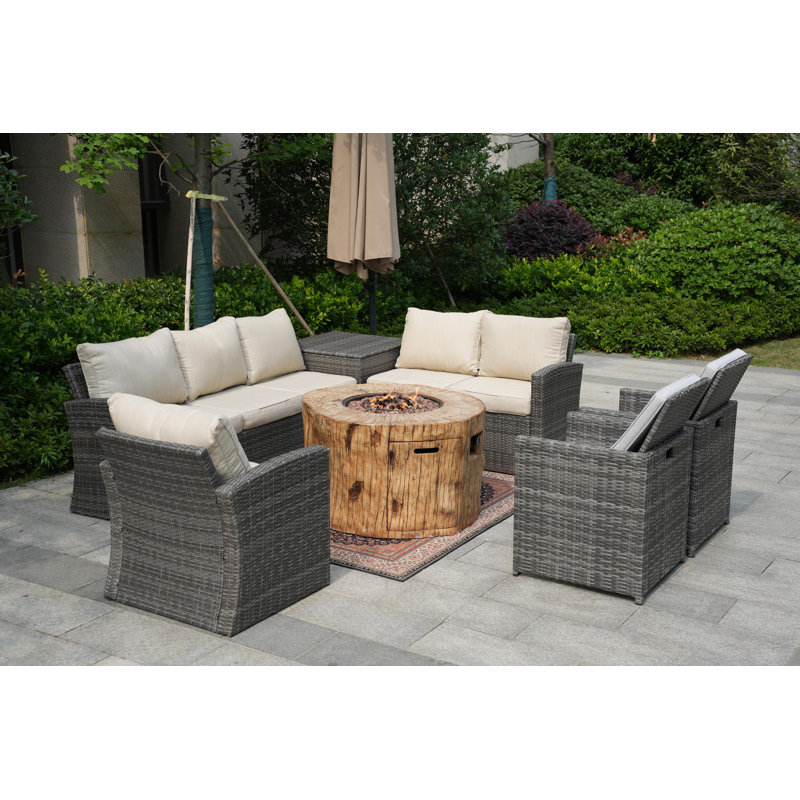 8 - Person Patio Conversation Set with Cushions, Beige/Light Gray, Gray