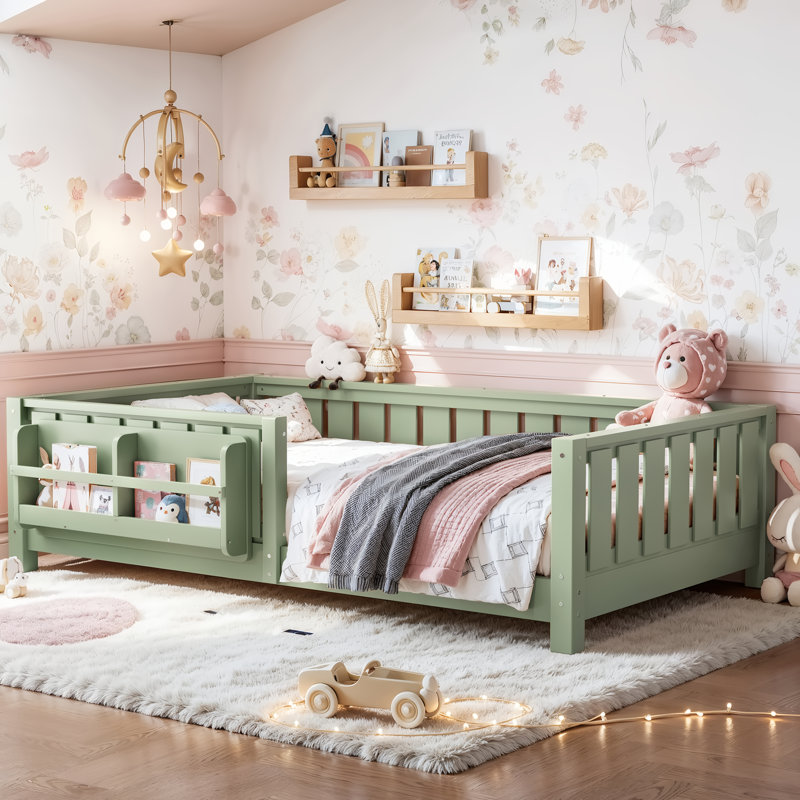 Twin Size Kids Floor Bed With Fence And Built-In Bookshelf,Twin Size Montessori Floor Bed With Slats And Safety Guardrail,Easy Assemble Montessori Beds For Kids,Green