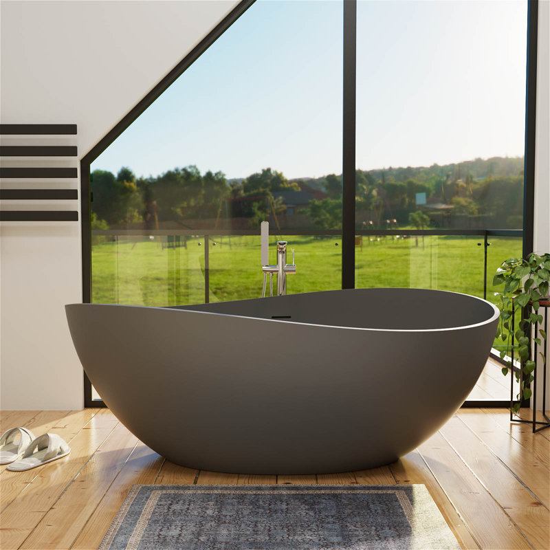 63" Egg-Shaped Wavy Curves Solid Surface Bathtub, Freestanding Seamless Deep Soak Tub with Drain & Overflow – Spa Sanctuary for Luxury Bathrooms