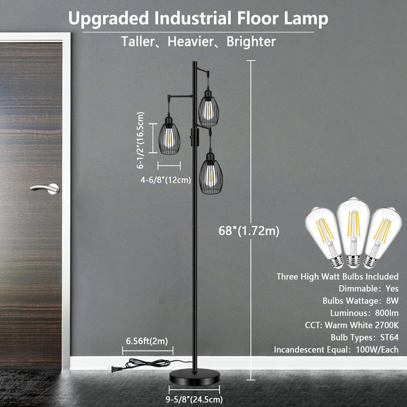 68" Dimmable Industrial Floor Lamp With 3 LED Edison Bulbs, Farmhouse Tree Floor Light For Living Room, Bedroom, Office, Birdcage-Shade Design