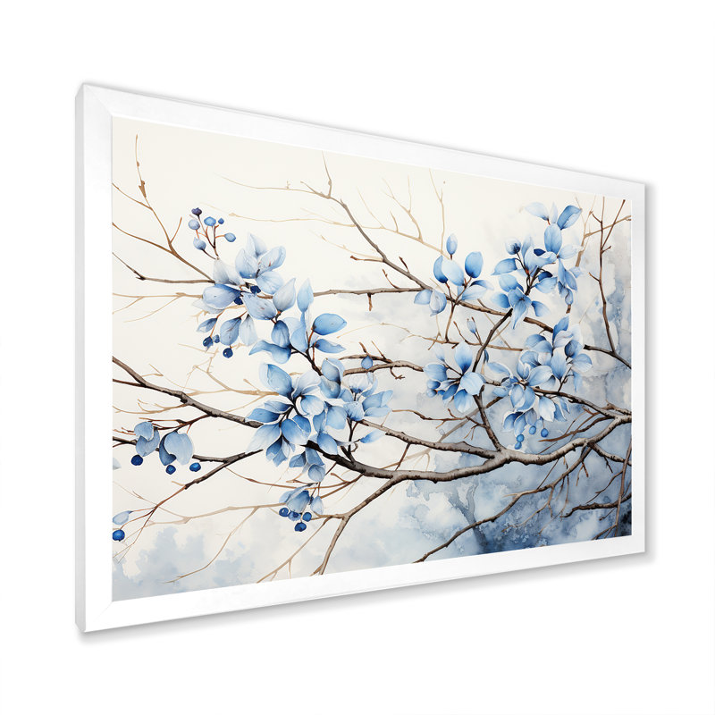 Art sur toile, feuilles bleues et grises, Cadre simple blanc, H 16 po x l 32 po x P 1 po
