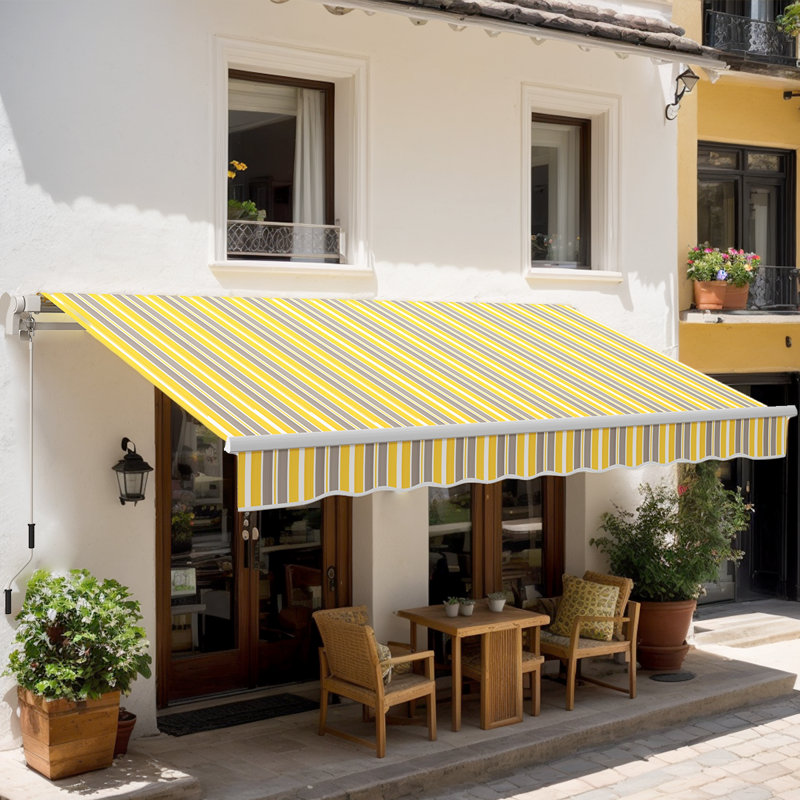 Manual Retractable Awning For Patio And Windows - Sturdy Aluminum Frame, Heat Reduction, Water-Resistant Fabric, Gray/Yellow