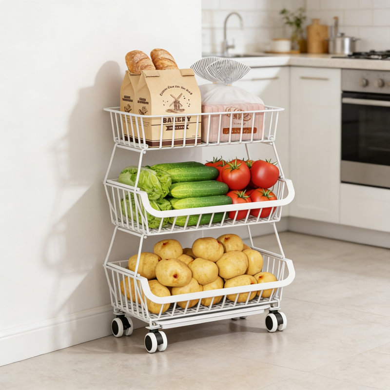 Chariot de garde-manger roulant à 3 niveaux avec roulettes, organisateur de plancher de rangement en fil empilable, support à panier de fruits, support à légumes, blanc