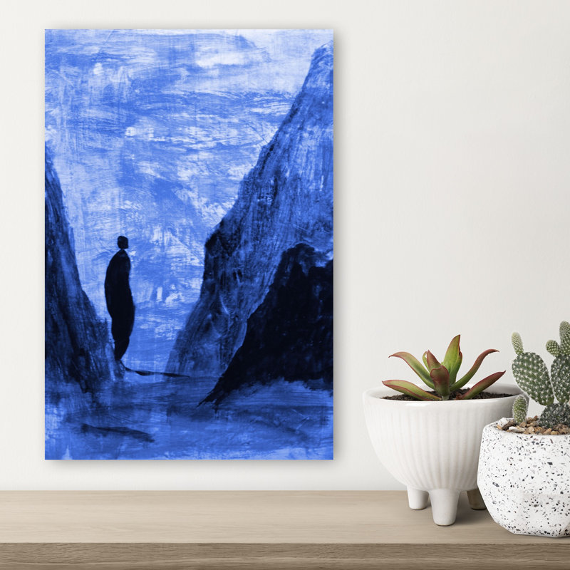 «Lone figure Blue Mountains», art dramatique abstrait de montagne, paysage dramatique, 18" H x 12" W