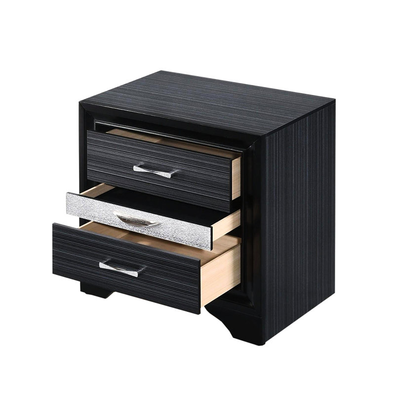 Table de chevet noire avec 2 tiroirs soignés et 1 poche à bijoux en feutre 3 sections