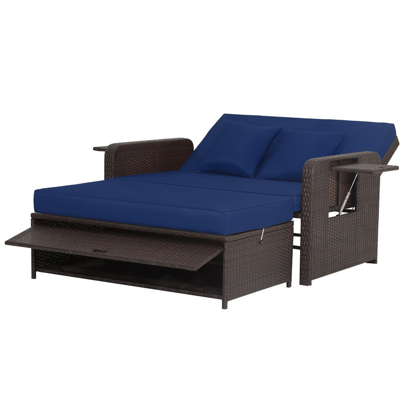 Boden 65" W Wicker Patio Daybed with Ottoman and Side Trays, Navy/Brown