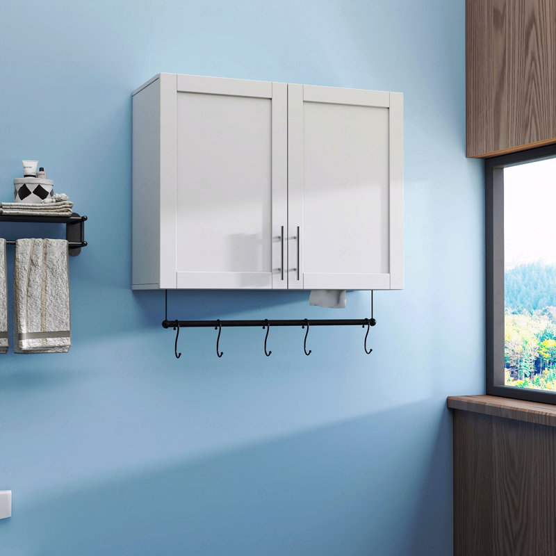 Bathroom Wall Cabinet With Adjustable Shelves, Towel Bar, 5 Hooks, Over The Toilet Storage Cabinet