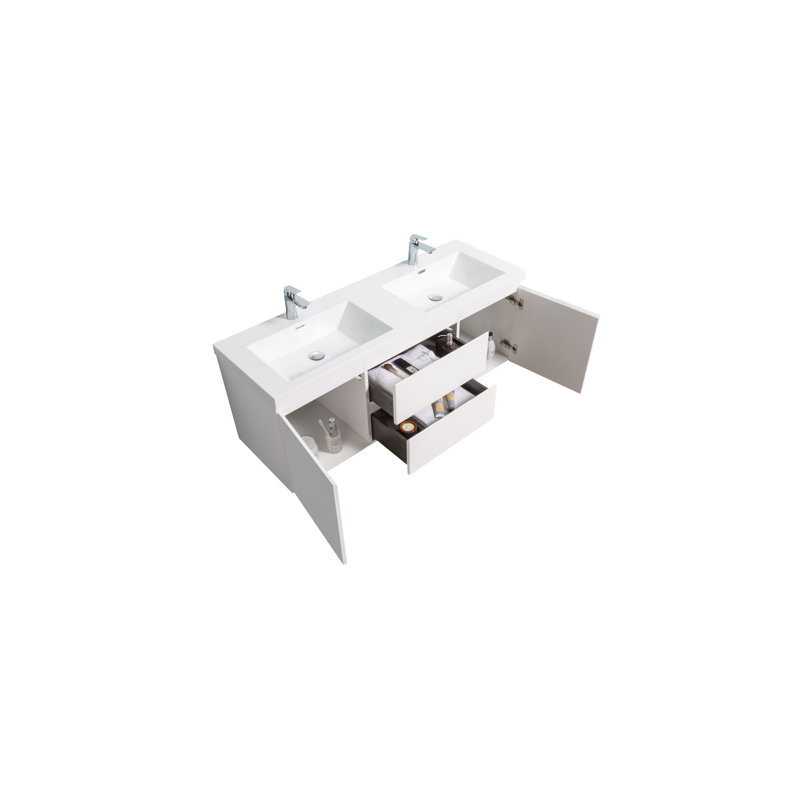 Angela 60 inch Fully Assembled Double Floating Bathroom Vanity with Integrated Sink, High Glossy White