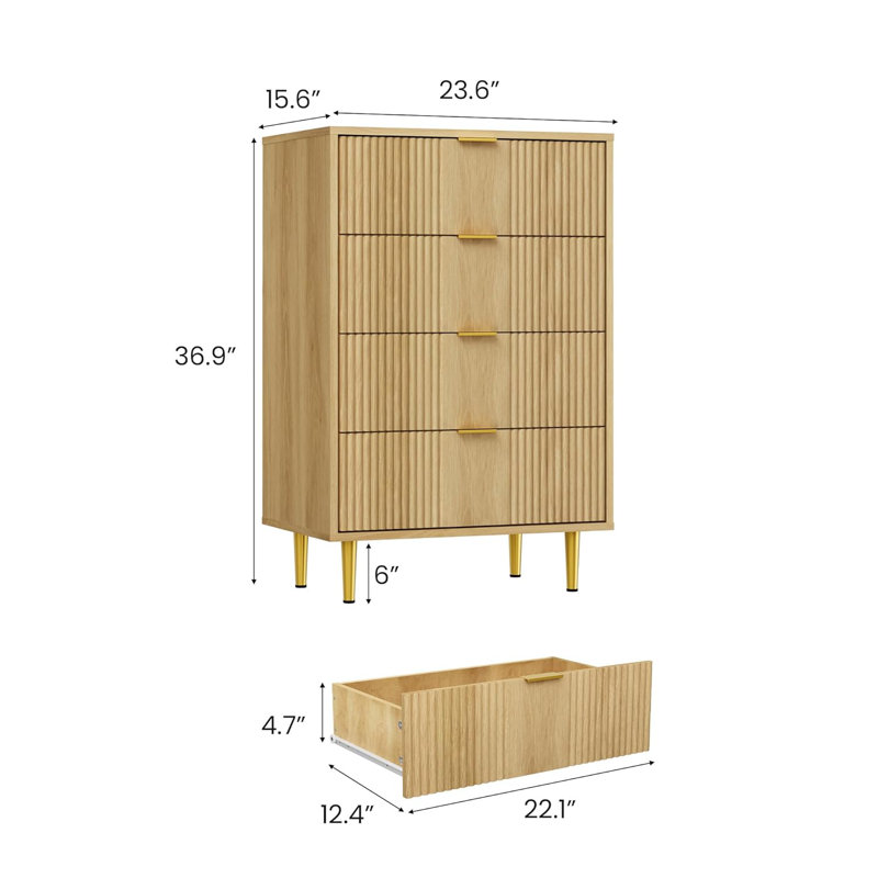 Fluted Dresser for Bedroom, Wooden Closet Clothes Storage Organizer for Living Room, Hallway, Natural Oak/4 Drawers