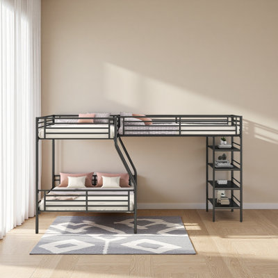 L-Shaped Metal Twin Over Full Bunk Bed And Twin Size Loft Bed With Four Built-In Shelves